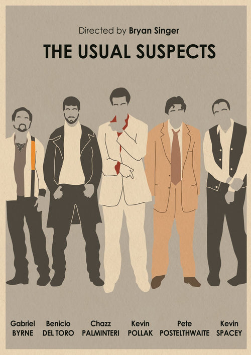 An Usual Suspects by Monster Gallery for "The Usual Suspects" directed by Bryan Singer. It features five stylized men in different outfits, with their names listed at the bottom: Gabriel Byrne, Benicio Del Toro, Chazz Palminteri, Kevin Pollak, Pete Postlethwaite, and Kevin Spacey. Part of the fap's Featured Artists Collection.