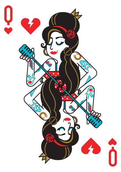 Illustration of a Queen of Hearts playing card by Dario Genuardi, featuring a stylized drawing of a woman with tattoos, dark hair in a beehive hairstyle, and a red dress. She holds a blue microphone and has red heart symbols in the corners. Part of the Amy Winehouse by Dario Genuardi fap series.