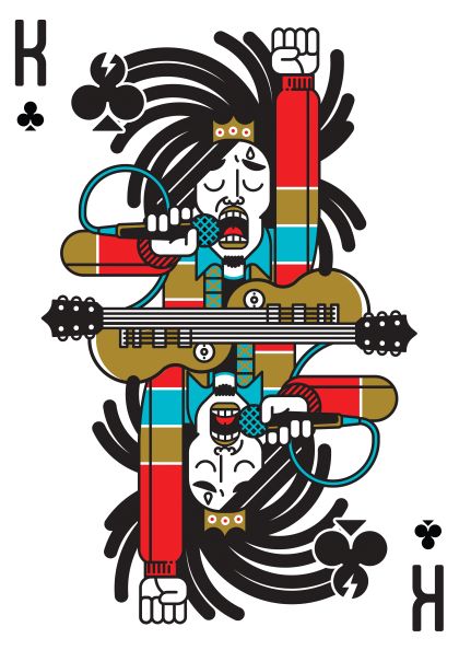 An illustrated King of Clubs playing card from the fap collection showcases a stylized musician with long hair, a crown, and a colorful outfit. Created by Dario Genuardi, the musician holds a guitar and sings into a microphone in a symmetrical, mirrored design typical of face cards.