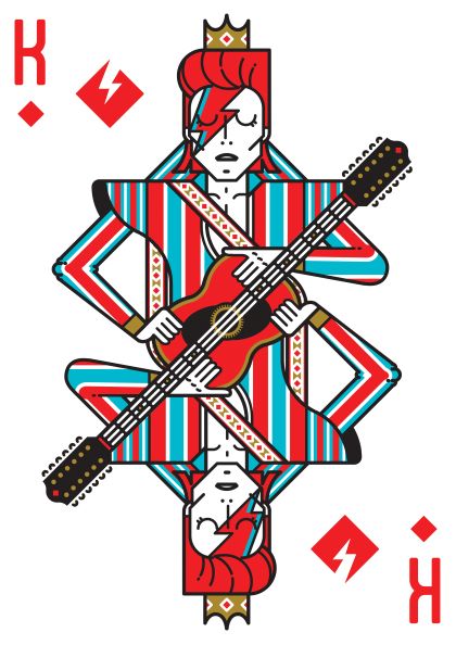 Playing card depicting the King of Diamonds, with a stylized character holding an acoustic guitar. The figure features red hair with a lightning bolt design on the face, dressed in a colorful, striped outfit. Part of the Featured Artists Collection, David Bowie by Dario Genuardi by fap is printed on 250gsm Satin Paper for a bold and artistic theme.