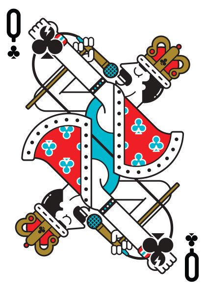 Freddie Mercury by Dario Genuardi featuring a stylized Queen of Clubs. The Queen is depicted with two arms, in a singing pose, wearing a crown and holding a microphone and scepter. This art print by Dario Genuardi showcases vibrant colors—predominantly red, blue, and gold—set against a white background. Available from fap.