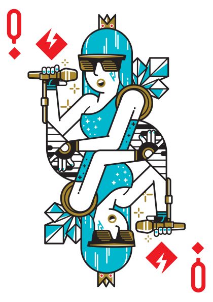 Illustration of the Queen of Diamonds from a deck of cards. The queen is stylized with a modern, abstract design by featured artist Dario Genuardi, featuring blue hair, sunglasses, and holding a microphone in each hand. Symbols of diamonds and lightning bolts are prominently displayed in the Lady Gaga by Dario Genuardi from fap.