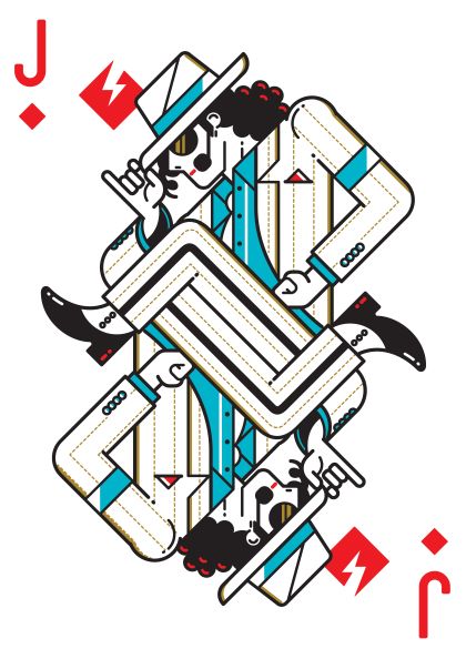 A stylized depiction of Michael Jackson by Dario Genuardi, featuring a character in a white pinstripe suit, blue shirt, and hat. Mirrored top and bottom, the figure holds a card with a red diamond and lightning bolt symbol in both hands. Part of our Featured Artists Collection from fap.