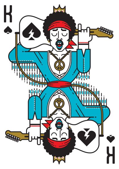 An artistic playing card design featuring the King of Spades, illustrated by Dario Genuardi for the featured artists collection. Jimi Hendrix by Dario Genuardi from fap portrays the king as a musician with an afro, wearing a red headband and blue clothing. He holds an electric guitar, adorned with a peace symbol necklace, and sings passionately.