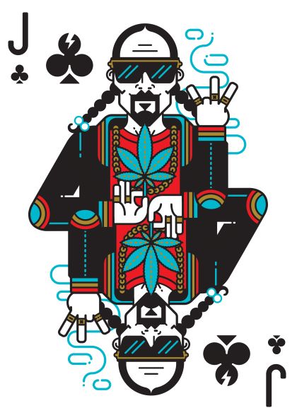 This Snoop Dogg by Dario Genuardi from the fap Featured Artists Collection showcases a stylized Jack of Clubs card. The character sports sunglasses, braided hair, and a beard, donning colorful clothing adorned with a marijuana leaf while making a peace sign with both hands. Club and J symbols appear at the corners.