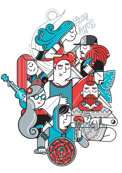 Illustration of eight abstract, stylized figures engaging in various creative activities like playing instruments and painting. The characters, depicted in a vibrant mix of red, blue, and black colors, are part of the Stay Salty by Dario Genuardi collection from fap. "Stay happy" graces the upper right corner in an inspiring touch.