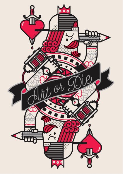 An illustration in the style of a playing card's queen of hearts. The design features a red-haired queen with paintbrushes and art supplies, a red heart with a drop of paint, and a banner across the middle saying "Art or Die" in flowing script. Part of the Tattoo by Dario Genuardi collection from fap using digital laser printing.