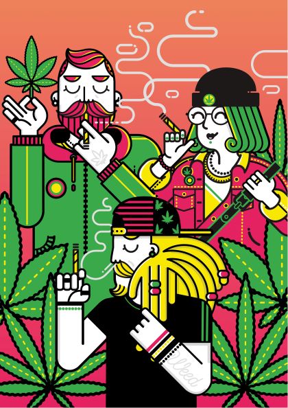 Illustration of three people surrounded by large cannabis leaves. One person holds a cannabis leaf and another holds a lit joint, while the third person is exhaling smoke, all against a red and orange gradient background. Part of the Featured Artists Collection, Smokers by Dario Genuardi from fap showcases Dario Genuardi's talent.