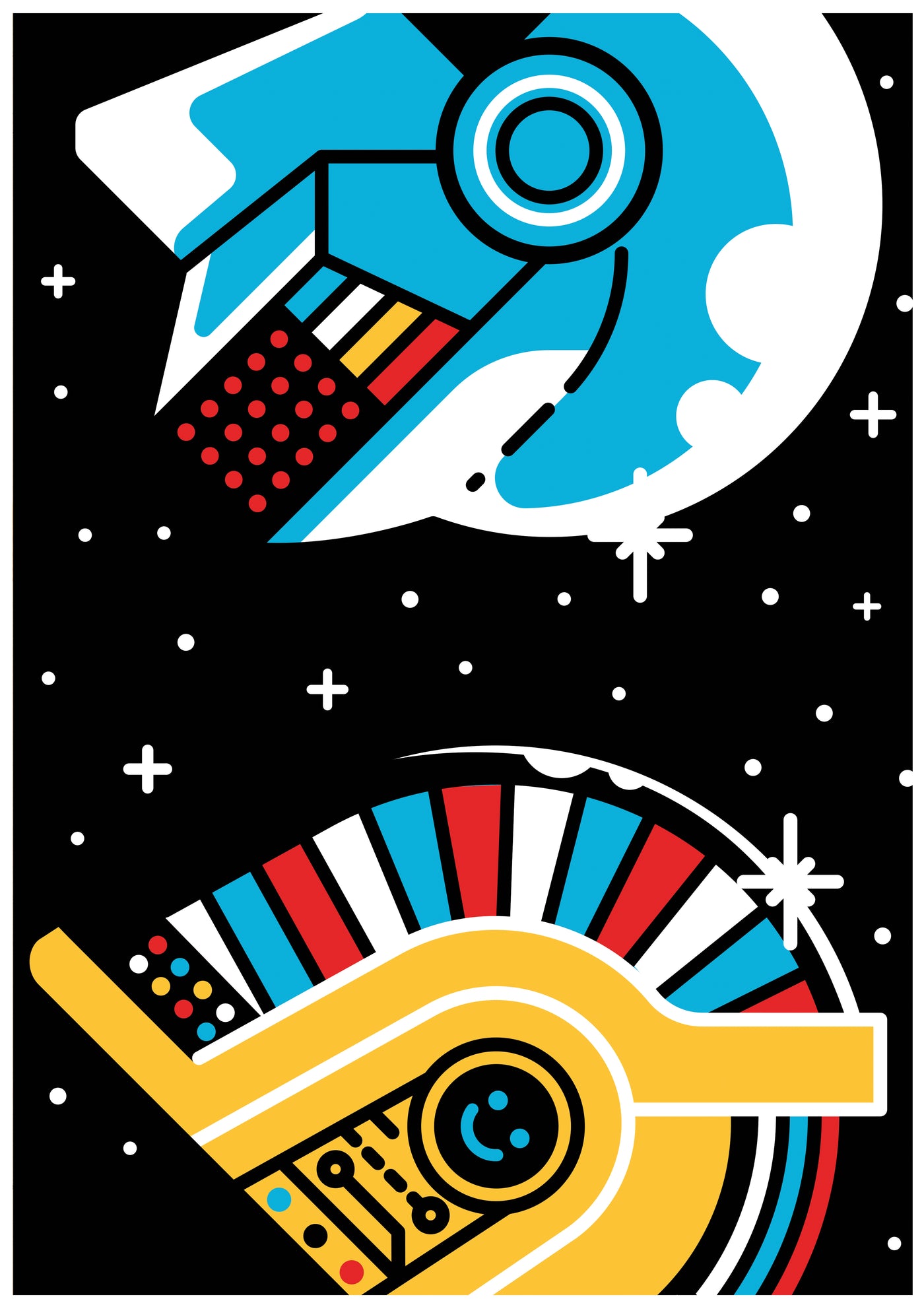An abstract illustration from the Daft Punk by Dario Genuardi A5 series by Blue Dog Posters features two futuristic spacecrafts in a dark, starry space background. The top ship is predominantly blue and white with red accents, resembling a traditional rocket. The bottom ship is primarily yellow and red with blue and white patterns.