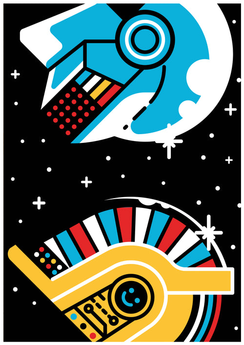 An abstract illustration from the Daft Punk by Dario Genuardi A5 series by Blue Dog Posters features two futuristic spacecrafts in a dark, starry space background. The top ship is predominantly blue and white with red accents, resembling a traditional rocket. The bottom ship is primarily yellow and red with blue and white patterns.