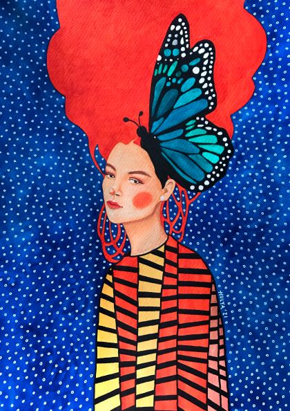 A vibrant illustration from the Make Me Strong by Hulya Ozdemir by Blue Dog Posters depicts a person with bright red hair shaped like a flame, adorned with a large blue butterfly. They wear a striped yellow and black outfit against a blue, polka-dotted background. The expression is calm and contemplative in this art print.
