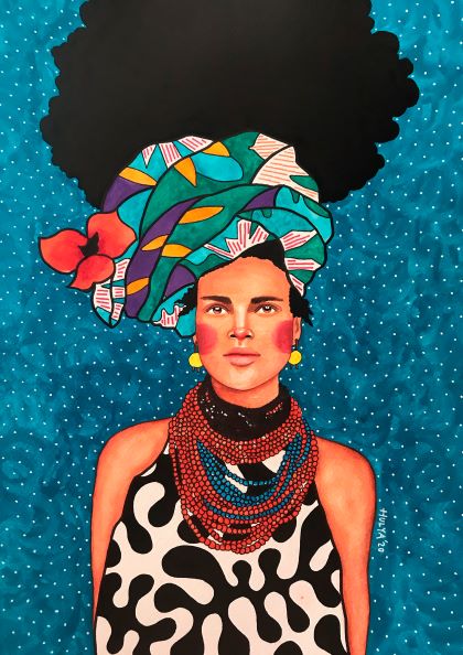 A vibrant illustration by Hulya Ozdemir features a person with a bold afro hairstyle and a colorful headwrap. Adorned with large yellow earrings and multiple beaded necklaces, they wear a black and white patterned top, set against a blue background with small white dots—an exquisite art print among our featured artists, Feel More by Hulya Ozdemir from Blue Dog Posters.