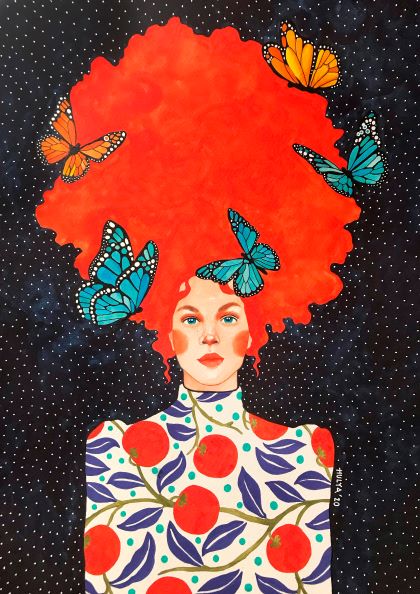 A vibrant illustration by Hulya Ozdemir features a woman with bright red curly hair against a starry black background. Her hair is adorned with orange and blue butterflies, while she wears a white dress with a bold pattern of red cherries and green leaves—part of the Breathing Fine by Hulya Ozdemir collection from Blue Dog Posters.