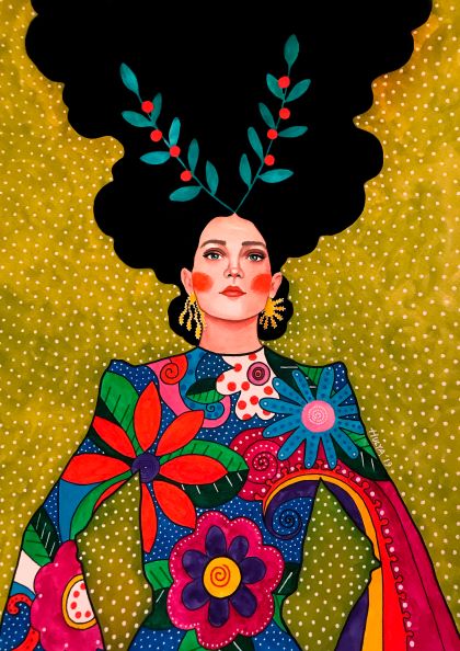 A stylized illustration of a woman with long, voluminous black hair adorned with leafy branches. She wears a vibrantly patterned dress featuring colorful flowers and geometric designs against a green polka-dotted background. Part of the Featured Artists Collection, this Saved My Life I Swear by Hulya Ozdemir from Blue Dog Posters exudes confidence and strength.