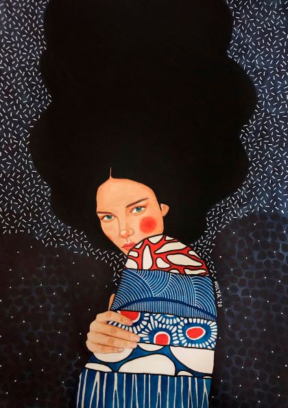 A painting by featured artist Hulya Ozdemir portrays a person with light skin, green eyes, and long black hair. They are adorned in a patterned garment of blue, white, and red. A dark background with white speckles provides contrast to the figure's vivid hair and attire, making Ten Seconds by Hulya Ozdemir from Blue Dog Posters a striking art print.