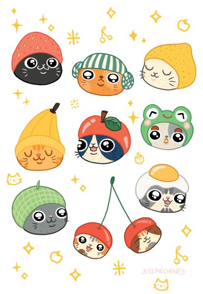 An illustration by Jess Chen of nine adorable cartoon animals, each wearing different fruit-themed hats like strawberry, lemon, banana, apple, and cherry, as well as costumes resembling a frog and a mouse. Yellow sparkles, stars, and cat faces embellish the background in this Cats Have Hats by Jess Chen print from fap.