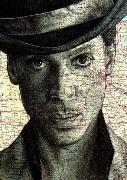A black and white portrait of a person wearing a hat, set against a detailed map background, is part of our Featured Artists Collection. The high quality 250gsm Satin Paper enhances the intricate outline of U.S. states and cities, seamlessly blending with the serious face intersected by geographic lines. This piece is titled "Prince by The Art of the North" and is available through fap.