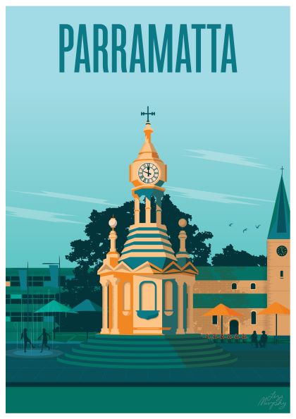 A stylized illustration by Liza Murphy, showcasing Paramatta with its iconic golden-hued clock tower amidst a blend of modern and historic buildings. The gradient teal sky enhances the scene's depth, complemented by silhouettes of people and trees. This artwork is crafted under the fap brand.
