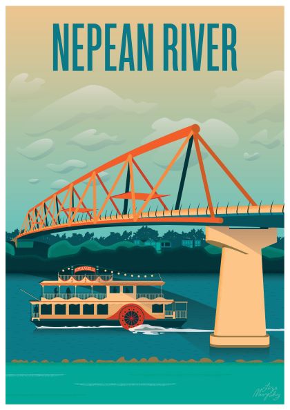 Illustrated poster of Nepean River - Liza Murphy with a large orange truss bridge spanning across the water. Below, a classic paddle steamer boat sails on the river. The background features rolling hills and a sky filled with clouds. Brand: fap.