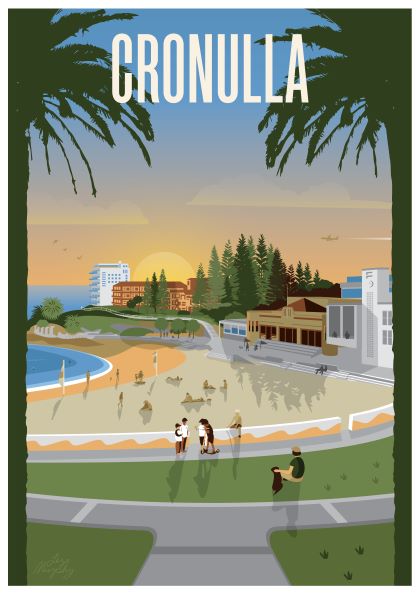 A vibrant illustration titled "Cronulla - Liza Murphy" by featured artist Liza Murphy, part of the Blue Dog Posters collection. The scene depicts people walking, relaxing on the grass, and enjoying the beach at sunset. Palm trees frame the foreground while buildings line the shore, all bathed in a warm glow from the setting sun.