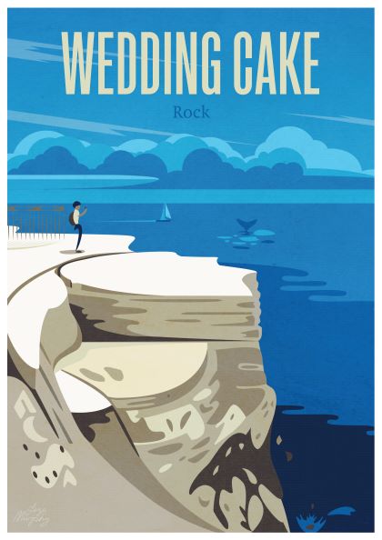 A stylized illustration depicting the Wedding Cake rock formation. A person stands near the edge, facing the ocean. The blue sky features large clouds, and a sailboat is visible in the distance. The cliff has distinct white layers resembling a cake—Wedding Cake Rock - Liza Murphy by fap.