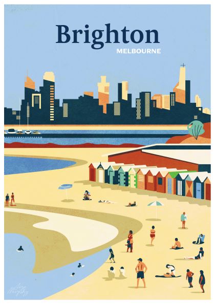 Illustrated poster of Brighton, Melbourne featuring a beach scene with colorful bathing boxes, people relaxing and playing on the sand, and a city skyline in the background under a clear blue sky. The product name is Brighton St Kilda - Liza Murphy by fap.