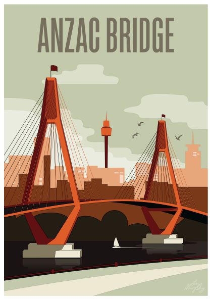 The "Anzac Bridge - Liza Murphy" by fap is a stylized illustration of the ANZAC Bridge in Sydney. It highlights the two distinctive cable-stayed towers adorned with red accents. In the background, a prominent tower stands tall against a partly cloudy sky, with birds and a small boat visible near the bridge.