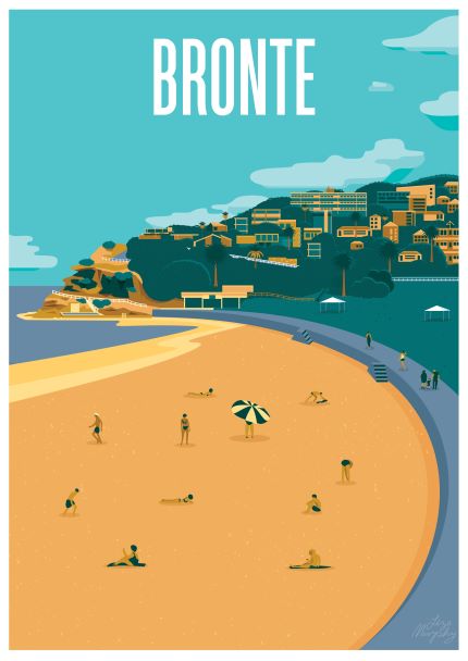 Illustration of Bronte Beach featuring a sandy shore with sunbathers, a curved promenade with steps, and a backdrop of lush greenery and buildings. The sky is clear with a few clouds. This Bronte - Liza Murphy by fap is part of the Featured Artists Collection, with "BRONTE" written at the top.