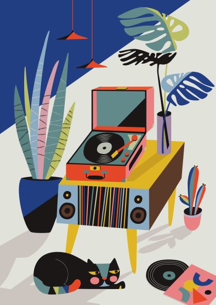 A colorful illustration by Rachel Lee, part of the Featured Artists Collection, showcases Chill Out Saturday by Rachel Lee from fap. Plants in various pots surround the setup. A black and multicolored cat lies on the floor near vinyl records. Overhead, modern hanging lights add to the cozy ambiance.