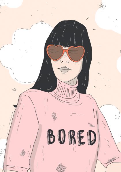 An illustration from fap's "Bored by Mari T" collection depicts a person with long dark hair, wearing heart-shaped sunglasses and a pink sweater emblazoned with the word "BORED." The background is artfully adorned with light, sketchy clouds and small stars.