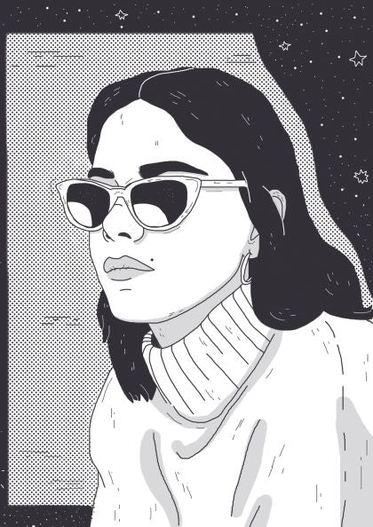 Celestial Nightmares by Mari T from fap depicts a grayscale illustration of a person with long, dark hair donning cat-eye sunglasses and a turtleneck sweater. The background showcases a starry night sky with scattered small stars. The individual's expression remains neutral, and the artwork features a dotted texture.