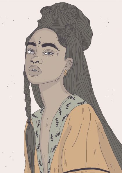 A digital illustration of a woman with long hair styled in an elaborate updo, featuring a single braid. She has bold, dark eyebrows, subtle freckles, and symmetrical markings on her forehead. She wears a yellow garment with a green, leafy pattern on the collar. The product is Moon Goddess by Mari T from fap.