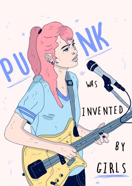 An illustration of a girl with pink hair playing an electric guitar and singing into a microphone, wearing a blue shirt and displaying a focused expression. The text around her reads, "Punk was invented by girls." The background features simple blue doodles. This captivating art is part of the Punk by Mari T collection from fap.