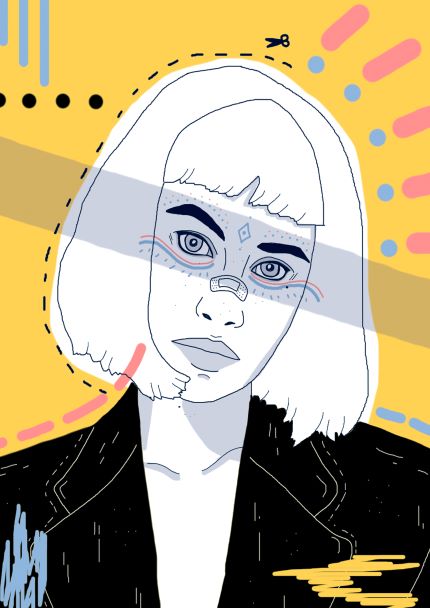 The "Doodles by Mari T" artwork from the MEZ 211 brand features an illustrated portrait of a person with a short bob hairstyle and a serious expression, printed on premium quality Matte Art Paper. The background is adorned with a vibrant mix of yellow, blue, pink, and black abstract shapes and lines, adding an artistic touch. This piece is part of the esteemed Featured Artists Collection and measures 50x70cm.