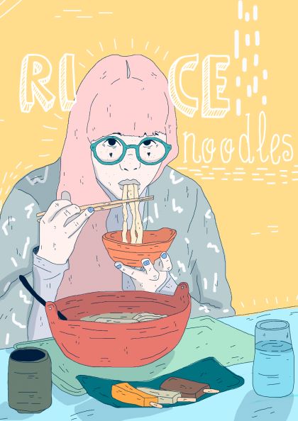 Illustration from "Rice Noodles by Mari T" by fap shows a person with pink hair and teal glasses enjoying rice noodles with chopsticks. Dressed in a patterned sweater, they are seated at a table adorned with a large bowl of noodles, a cup, and a small plate of food.