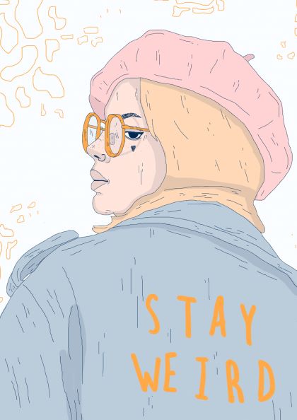 Illustration titled "Stay Weird by Mari T" from the brand fap, depicting a person with long blonde hair wearing round glasses, a pink beret, and a blue jacket featuring the words "STAY WEIRD" in orange on the back. The background includes abstract light yellow and peach outlines.