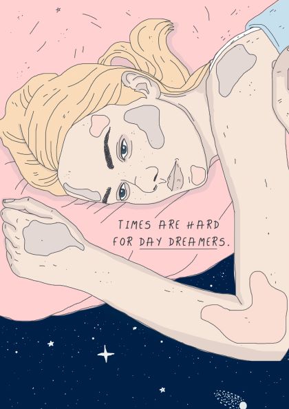 Illustration of a blonde person lying on their side on a pink pillow in a dreamy state, with patches of skin in different colors and a background blending into a starry night sky. Text on the image reads, "Times are hard for daydreamers." Product Name: Day Dreamer by Mari T Brand Name: fap