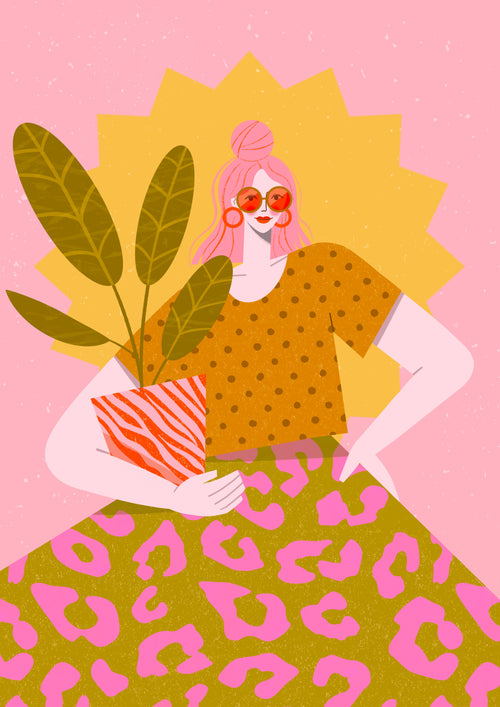 This mini print, "Plant Lady by Kitty O Illustrates," features a stylized drawing of a person with light pink skin and pink hair in a top knot. The person is wearing orange sunglasses, a brown polka dot shirt, and a green and pink leopard print skirt. They hold a potted plant with long green leaves against a pink background. This artwork is part of the Little Art series by A5.
