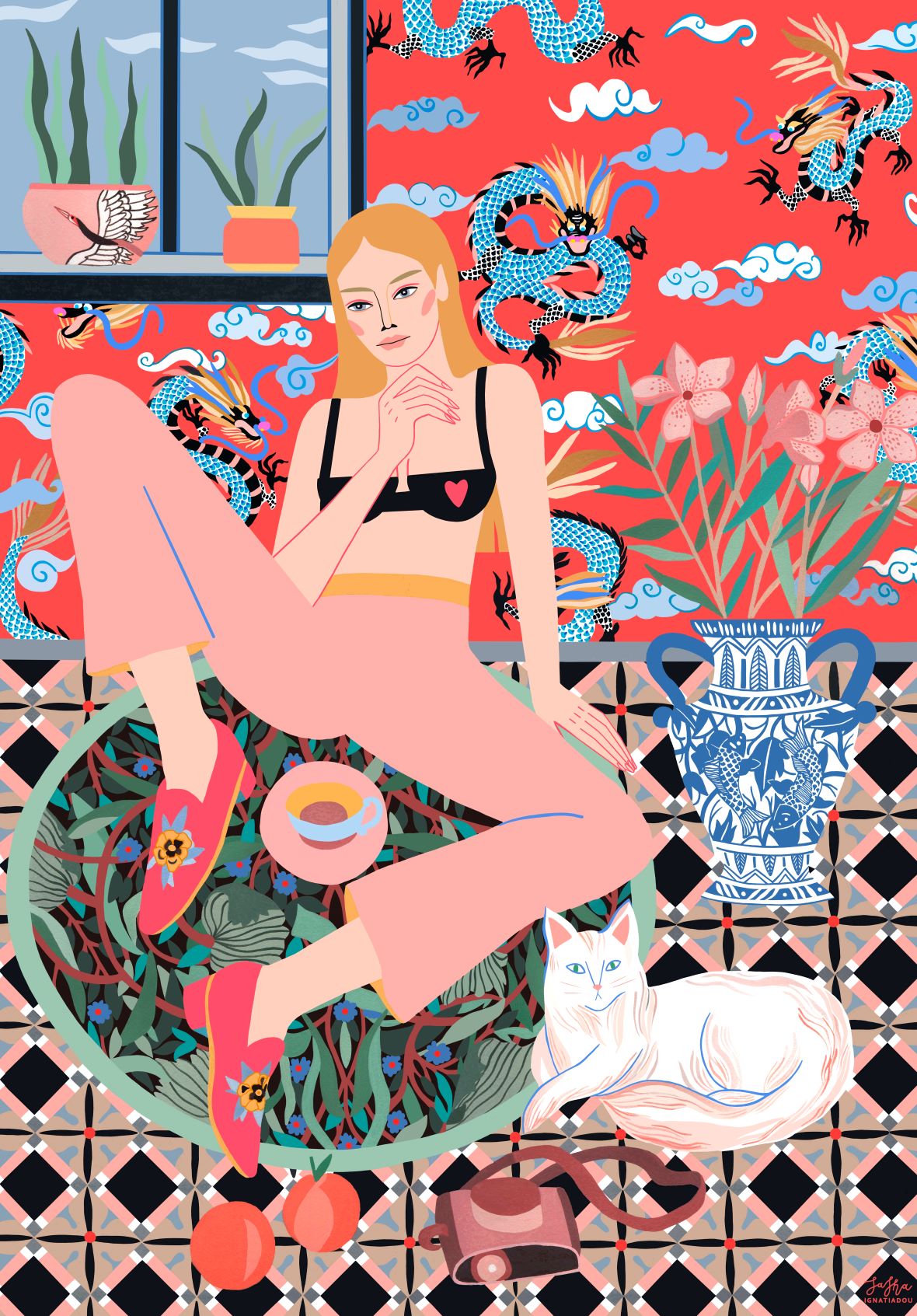 A stylized illustration by Sasha Ignatiadou features a woman sitting on a floral-patterned circular rug. She wears pink pants, red slippers, and a black top. Beside her is a white cat, bowl, peach, bag, and blue vase with pink flowers. The background highlights dragons and clouds—part of the fap Kitty4 Art Print series by Sasha Ignatiadou.