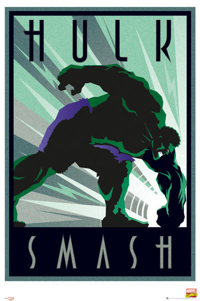 A stylized poster features a large green figure, the Hulk, with "Marvel - Hulk Smash" written prominently at the top and bottom. Hulk is depicted in a powerful stance, as if crushing something beneath his fist, set against a dynamic background of light rays and shadows. The poster highlights the MTV brand.