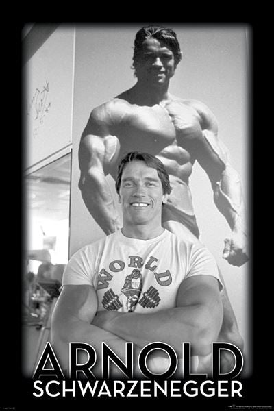 A black-and-white poster from the Life & Humour Collection featuring a smiling man in a T-shirt that reads "World." Behind him, an enlarged image showcases his muscular physique. The name "Arnold Schwarzenegger" is printed at the bottom in bold letters. Part of the People Poster series. Product Name: Arnold Schwarzenegger Brand Name: MTV 378
