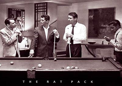 Black and white photo of four well-dressed men standing around a pool table with cues in their hands. They appear to be talking and laughing. The caption below reads "The Rat Pack." The background includes modern artworks and mid-century furnishings, printed on MUS 261's The Rat Pack for a refined touch.