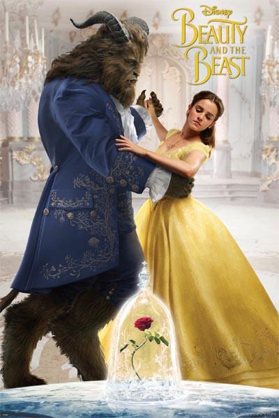A poster from the MTV 339 Collection for Disney's Beauty and the Beast Dancing shows the Beast, a tall, furry creature in a blue coat, dancing with Belle, a woman with brown hair in a yellow dress. In the foreground, there's an enchantress rose under a glass dome. Printed on premium 150gsm gloss paper.