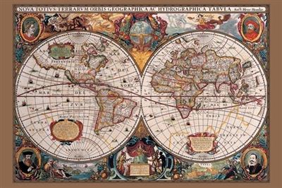 An EDU 053 World Map - Old (Laminated) Colour: Maps featuring two hemispheres surrounded by illustrations of cherubs, explorers, and sea creatures. This richly decorated piece, printed on premium gloss paper, includes detailed etchings and Latin text. Various continents and bodies of water are labeled and outlined—perfect for any Educational Collection.