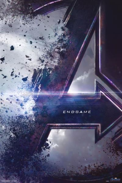 Poster of the movie "Avengers: Endgame" from the MTV 118 Avengers Endgame Teaser features the Avengers logo with a shattered, disintegrating effect, transitioning from left to right. The title "Endgame" is centered in front of the logo. The background shows a cloudy sky with a cosmic ambiance on premium gloss paper.