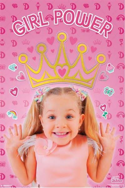 A young girl with blonde hair, tied in two ponytails, smiles widely with her hands raised. She wears a pink dress with a flower detail. The background of this Kids TV Poster is pink with hearts, butterflies, and 'D's, and a yellow crown illustration above her head with the text "Love Diana - Girl Power" at the top. Brand Name: KID 013.
