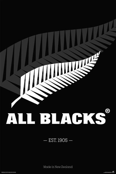A black sport poster features a large white fern leaf with serrated edges, arcing from the top left to the center. Below it, bold white text reads "ALL BLACKS®." Smaller text beneath says "EST. 1905". At the bottom, "Made In New Zealand" is printed on premium gloss paper. The product is All Blacks - Logo by SPO.