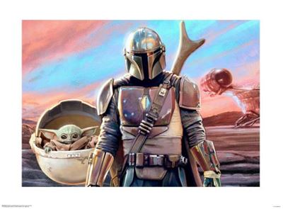 An illustration from the Contemporary Art Collection features a character in futuristic, battle-worn armor with a helmet, standing in a desert landscape. To their left, a small creature with large ears sits in an egg-shaped pod. In the background, a spaceship is visible against a colorful sky—it's "The Mandalorian Planetscape Art Print" by Blue Dog Posters.