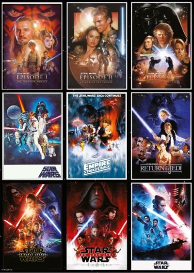A grid of nine vibrant Star Wars - Skywalker Saga poster designs by MTV, featuring iconic characters and action scenes—an epic addition to any Movies & TV collection, printed on premium gloss poster paper.