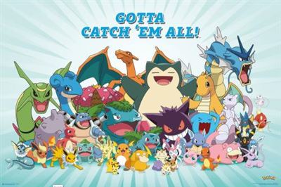 An image showcasing various Pokémon characters standing together against a light blue background radiating beams, resembling an Anime Poster. The text "Gotta Catch 'Em All!" is displayed prominently at the top. Characters include Charizard, Snorlax, Gengar, Dragonite, and many others. The product is called Pokemon - All Time Favourites by MTV 188.